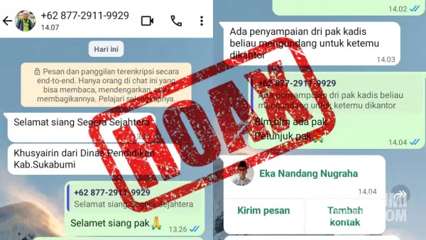 Pesan dugaan penipuan yang mencatut nama sekretaris Dinas Pendidikan Kabupaten Sukabumi. (Sumber: Tangkapan Layar percakapan.)
