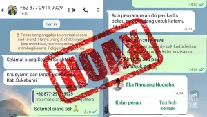 Pesan dugaan penipuan yang mencatut nama sekretaris Dinas Pendidikan Kabupaten Sukabumi. (Sumber: Tangkapan Layar percakapan.)