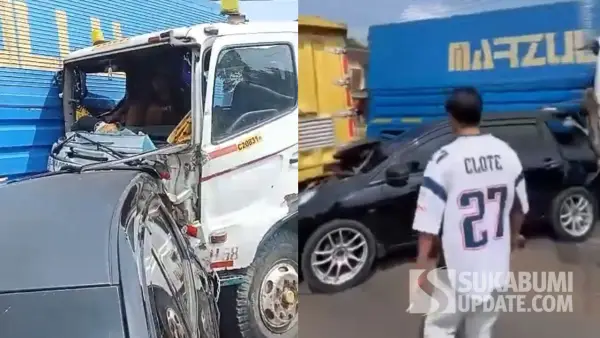 Kecelakaan beruntun di Pamuruyan, Cibadak Sukabumi. Selasa (7/10/2025). (Sumber: Tangkapan layar video amatir warga)