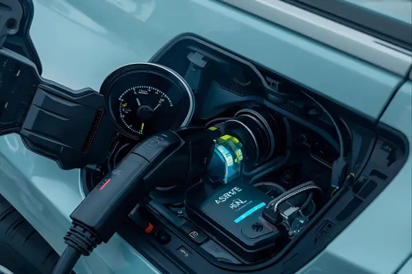 baterai solid-state untuk kendaraan listrik yang lebih aman, efisien, dan hemat energi. Produsen seperti Chery dan MG mulai produksi massal tahun 2025-2026, menjanjikan jarak tempuh hingga 800 km. (Generated Prompt: Canva AI)