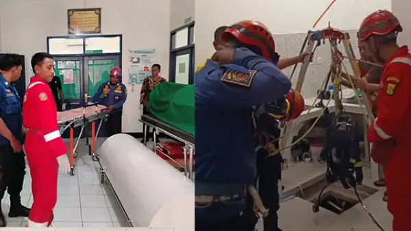 Petugas mengevakuasi seorang pria asal Cisaat Sukabumi yang tewas terjatuh ke dalam sumur saat perbaiki pompa air. (Sumber : Istimewa.)