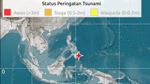 BMKG keluarkan peringatan dini tsunami untuk wilayah Sulawesi Utara dan Papua setelah gempa magnitudo 7,6 mengguncang Mindanao, Filipina, Jumat (10/10/2025) pagi. (Sumber : BMKG).
