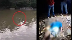 Tangkapan layar video penemuan mayat pria tanpa identitas yang mengambang di Sungai Cikaso, Purabaya Sukabumi, Sabtu (11/10/2025). (Sumber Foto: Istimewa)