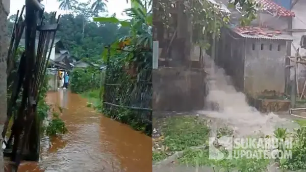 Video tangkapan layar saat banjir di Parungkuda Sukabumi. Senin (13/10/2025). (Sumber: Dok : Warga)