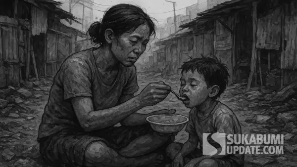 Kisah seorang ibu yang terpaksa memberi makan anaknya dengan sisa-sisa makanan buruh pabrik | Foto : Ilustrasi by ChatGPT