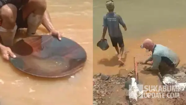 Aktivitas ngadeplang atau mencari butiran emas dengan cara tradisional di aliran Sungai Cikaso Kalibunder Sukabumi. (Sumber Foto: Istimewa)