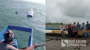Kondisi perahu nelayan yang terbalik dihantam ombak di perairan Tegalbuleud Sukabumi. (Sumber: Dok Warga)