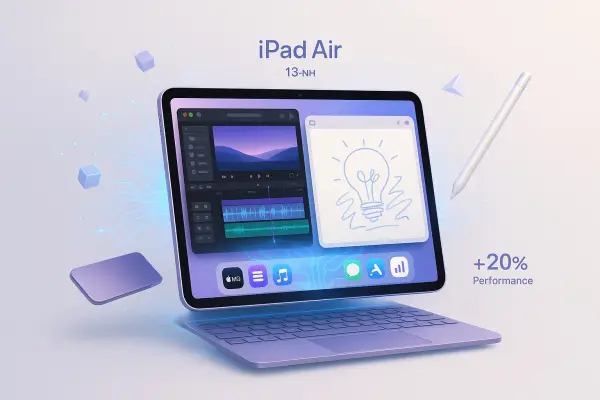 iPad Air (M3) adalah powerhouse ringkas dengan Chip M3 super cepat, Apple Intelligence & Ray Tracing, dua ukuran. Ideal untuk kreator dan profesional yang mencari performa top-tier terjangkau. (Ilustrasi: Canva)