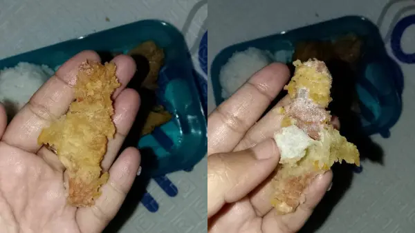 Temuan plester luka tergoreng dalam adonan gorengan tahu menu MBG di salah satu SD di Cisaat Sukabumi. (Sumber Foto: Tangkapan layar video)
