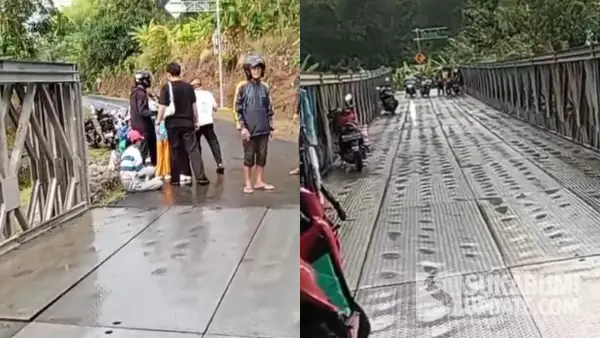 Tangkapan layar video viral pengendara motor duduk di jalan usai tergelincir di Jembatan Bailey Cisantri Simpenan Sukabumi. (Sumber Foto: Istimewa)