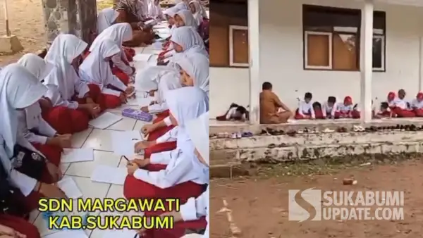 Siswa SDN Margawati Sukabumi belajar di luar ruangan. (Sumber: Tangkapan layar video warga.)