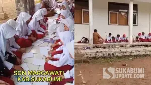 Siswa SDN Margawati Sukabumi belajar di luar ruangan. (Sumber Foto: Tangkapan layar video warga.)