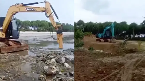Screenshoot video pembongkaran karang di Pantai Minajaya Sukabumi. (Sumber : Facebook/Facebook Minajaya Bersatu).