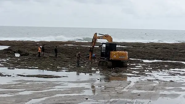 Excavator milik PT BSM yang viral disorot warga karena bongkar karang untuk proyek tambak udang di Pantai Minajaya Sukabumi. (Sumber Foto: Istimewa)