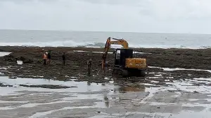 Excavator milik PT BSM yang viral disorot warga karena bongkar karang untuk proyek tambak udang di Pantai Minajaya Sukabumi. (Sumber Foto: Istimewa)