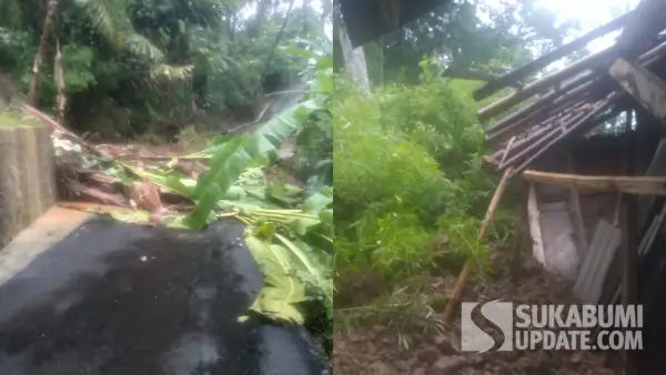Kolase foto material longsor dari tebing menimpa rumah warga di Cisolok Sukabumi, Selasa (21/10/2025) sore. (Sumber Foto: P2BK Cisolok)