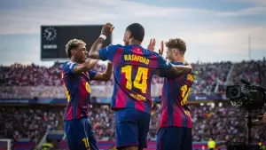 Lamine Yamal, Marcus Rashford dan Fermin Lopez merayakan gol ke gawang Olympiakos di Liga Champions tadi malam. (Sumber: web/fcbarcelona.com)