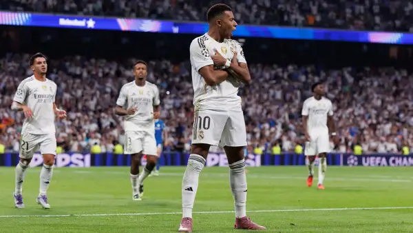 Selebrasi Kylian Mbappe melakukan selebrasi setelah mencetak gol ke gawang Getafe (Sumber: Web/realmadrid.com)