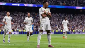 Selebrasi Kylian Mbappe melakukan selebrasi setelah mencetak gol ke gawang Getafe (Sumber: Web/realmadrid.com)