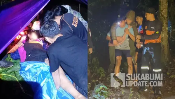 Kolase foto saat penyelamatan pendaki perempuan asal Bogor yang alami hipotermia saat turun dari Gunung Salak Sukabumi. (Sumber Foto: Istimewa)
