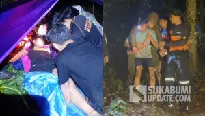 Kolase foto saat penyelamatan pendaki perempuan asal Bogor yang alami hipotermia saat turun dari Gunung Salak Sukabumi. (Sumber Foto: Istimewa)