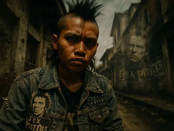 Jejak pengaruh Sex Pistols dan filosofi Anarki membentuk punk Indonesia. Dari pionir seperti NTRL hingga aktivis Marjinal dan band masa kini Sukatani, ini adalah kisah perlawanan dan budaya DIY di Nusantara. (GenImage by:Sora)