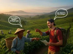 Mendengar kata "caket" dan "sakedap," hati Anda berbunga-bunga. Semangat membuncah. Anda membayangkan lima menit berjalan santai, lalu Anda kena Prank (Ilustrasi:Sora)