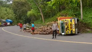Truk bermuatan kayu gelondongan terguling di ruas jalan Warungkiara–Sukabumi (Sumber: dok polsek)