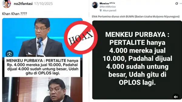 Screenshoot konten di medsos, Menkeu Purbaya menyebut harga Pertalite Rp4.000. (Sumber : X).