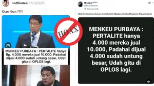 Screenshoot konten di medsos, Menkeu Purbaya menyebut harga Pertalite Rp4.000. (Sumber : X).