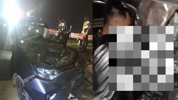 Minibus yang alami kecelakaan di Tol Bocimi di Kilometer 64.850 arah Sukabumi, pada Minggu (26/10/2025). (Sumber : Istimewa/INFO Lengkong).