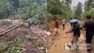 Warga di lokasi longsor yang menimpa jalan desa di Kampung Salak Datar, Desa Cimaja, Kecamatan Cikakak, Kabupaten Sukabumi, Minggu (26/10/2025), (Sumber Foto: Istimewa)