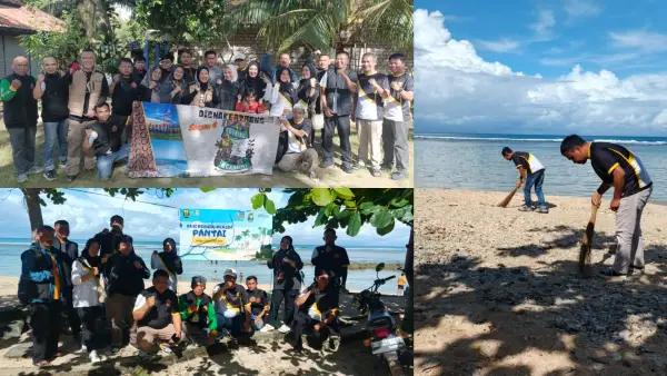 Para pegawai Disnakertrans Kabupaten Sukabumi ikut aksi bersih-bersih pantai Cibuaya dalam Touring Ngabumi Session 4, Minggu (26/10/2025). (Sumber Foto: Istimewa)