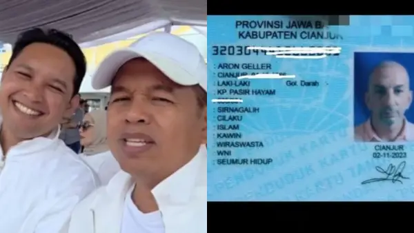 Kolase foto tangkapan layar video perbincangan Gubernur Jabar Dedi Mulyadi dan Bupati Cianjur serta foto KTP bernamakan Aron Geller WN Israel. (Sumber Foto: Istimewa)