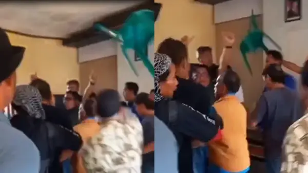 Screenshoot video chaos di aula Desa Tenjojaya, Kecamatan Cibadak, Kabupaten Sukabumi dalam pertemuan dengan PT Bogorindo, Senin (27/10/2025). (Sumber : Istimewa.).