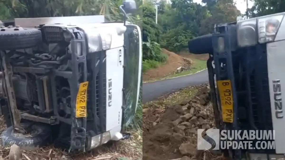 Truk Boks Pengangkut Paket Terguling di Turunan Cimarinjung Ciemas Sukabumi