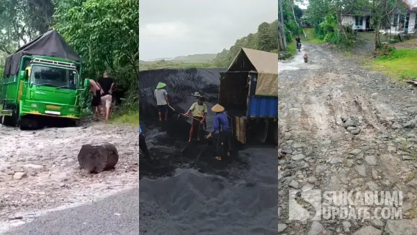 Kolase foto kondisi jalan Perhutani yang rusak di Pajampangan Sukabumi dan aktivitas truk pasir besi. (Sumber Foto: Istimewa)