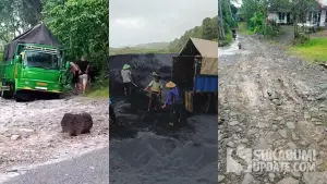 Kolase foto kondisi jalan Perhutani yang rusak di Pajampangan Sukabumi dan aktivitas truk pasir besi. (Sumber Foto: Istimewa)