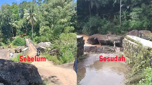 Kondisi Jembatan Bolenglang atau Goa Monyet Sebelum Putus (Kiri) dan Sesudah Putus (Kanan), di Kecamatan Jampangkulon, Kabupaten Sukabumi. (Sumber : Dok Desa Waluran.).