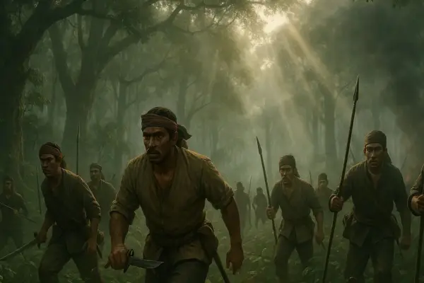 Panorama luas perlawanan Dipati Ukur di tengah hutan lebat Priangan. Pasukan Sunda yang berani, dengan senjata tradisional dan semangat membara, bergerak di antara pepohonan rimbun yang diselimuti kabut pagi. (Ilustrasi: Sora)
