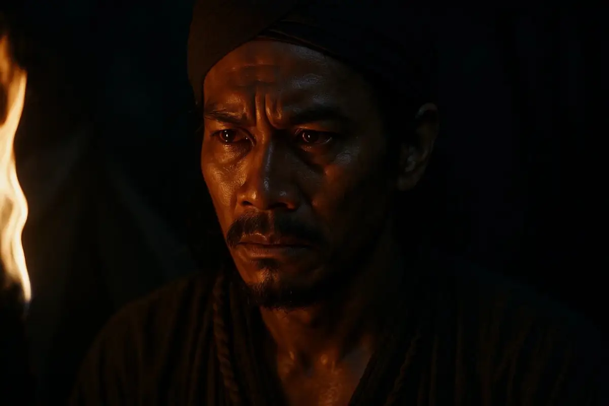 Dipati Ukur,Ekspresinya memancarkan konflik batin yang mendalam: putus asa, tekad membara, dan beban keputusan besar. Ia baru saja kembali dari kegagalan ekspedisi Batavia, dan kini harus memilih antara hukuman memalukan dari Mataram atau pemberontakan.