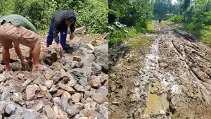 Potret ruas jalan Cibugel–Bangbayang, jalan poros tengah antara Desa Bangbayang dengan Desa Nangela, Kecamatan Tegalbuleud, Kabupaten Sukabumi. (Sumber : Dok warga).