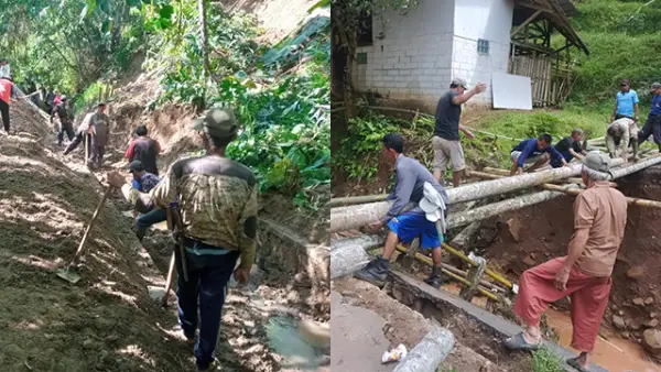 Dinas PU Kabupaten Sukabumi, UPTD Wilayah IV Palabuhanratu, bahu-bahu bersama masyarakat perbaiki fasilitas publik yang alami kerusakan akibat bencana hidrometeorologi. (Sumber : Dok Dinas PU).