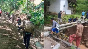 Dinas PU Kabupaten Sukabumi, UPTD Wilayah IV Palabuhanratu, bahu-bahu bersama masyarakat perbaiki fasilitas publik yang alami kerusakan akibat bencana hidrometeorologi. (Sumber : Dok Dinas PU).