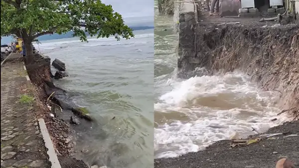 Dinding pembatas di area rest area kawasan Pantai Muara Citepus, Palabuhanratu, Sukabumi roboh akibat kuatnya gelombang laut. (Sumber : Screenshot Video Facebook/@Dede Eko S).