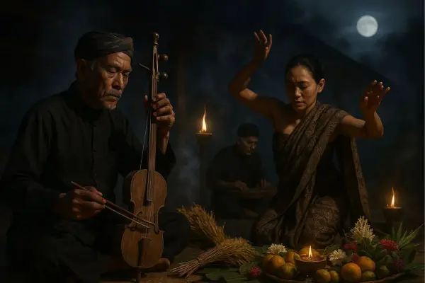 Tarawangsa alat musik gesek berleher panjang yang menyerupai Rebab, tetapi dengan beberapa ciri khas yang umumnya hanya memiliki dua senar (dawai) yang terbuat dari kawat baja atau besi (Ilustrasi: Sora)