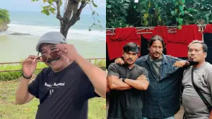 Opie Kumis dan Bucek Depp berfoto di lokasi syuting Film Beneran Horor di kawasan Ujunggenteng Sukabumi. (Sumber Foto: IG Beneran Horor)