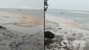 Kolase foto mata air Ciburial yang mengalir ke pesisir Pantai Minajaya, Surade Sukabumi, dengan kondisi keruh, Sabtu (8/11/2025). (Sumber Foto: Istimewa)