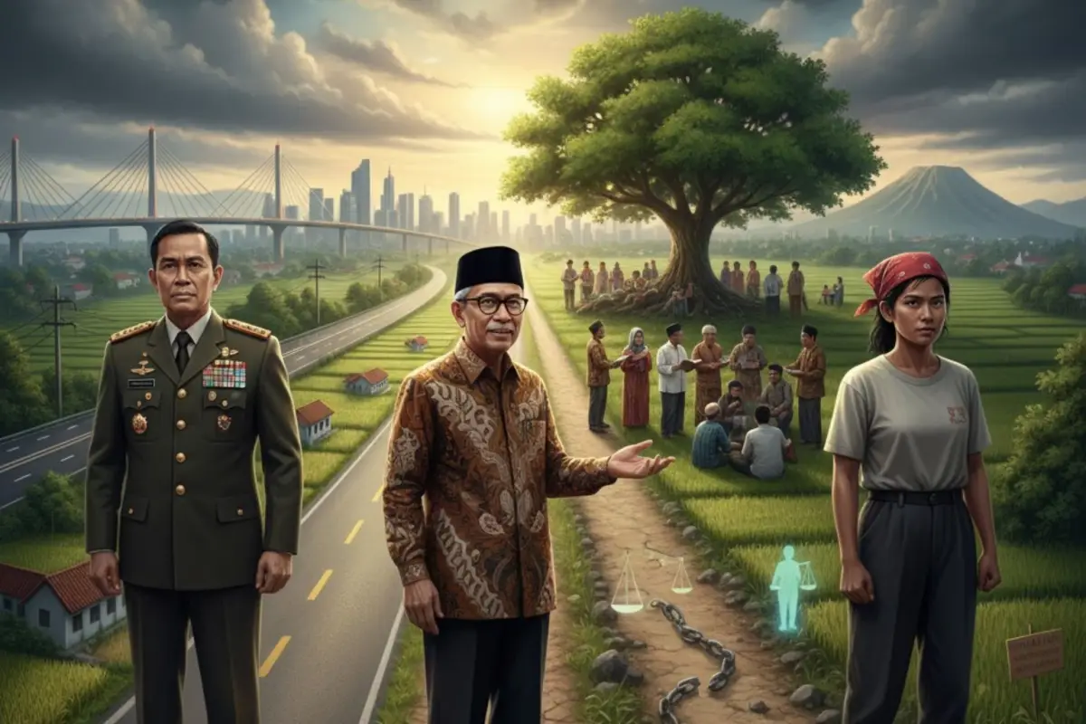Tiga wajah sejarah Indonesia di persimpangan: Soeharto (Pembangunan), Gus Dur (Demokrasi), dan Marsinah (Keadilan). Ujian moral jelang 10 November.