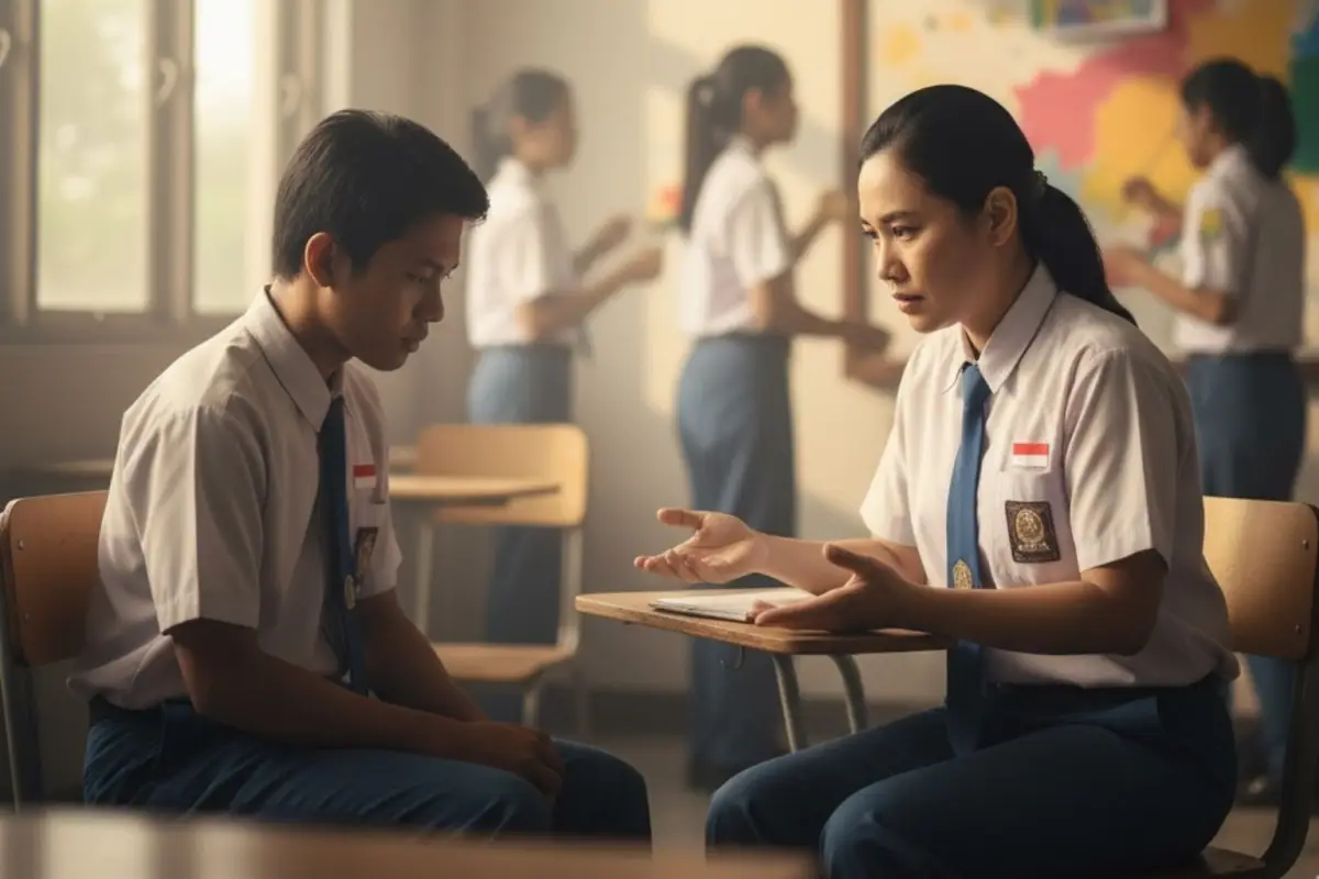 Ilustrasi adegan konseling trauma healing di dalam kelas SMAN 72.